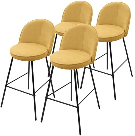 ML-Design 4X Taburetes de Bar Mostaza con Tapizado de Tela, 75cm Altura, Sillas con Estructura Metálica, Asientos de Cocina con Respaldo y Reposapíes, Sillones de Barra, Mueble de Mostrador de Bistro