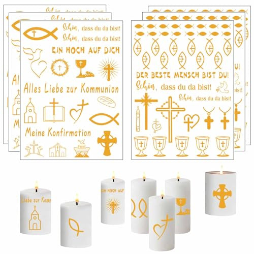 Goldene Aufkleber für Taufkerzen und Kommunionskerzen 6er Set religiöse Motive zum Dekorieren von Kerzen, Alben, Karten und mehr, ideal für besondere Ereignisse und Feiern