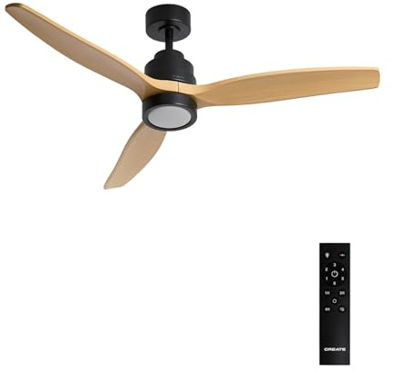 CREATE / WINDSTYLANCE M/Ventilador de techo ABS con luz negro aspas efecto madera natural con mando / 40W, Silencioso, Ø132 cm, 6 velocidades, temporizador, verano-invierno, doble altura