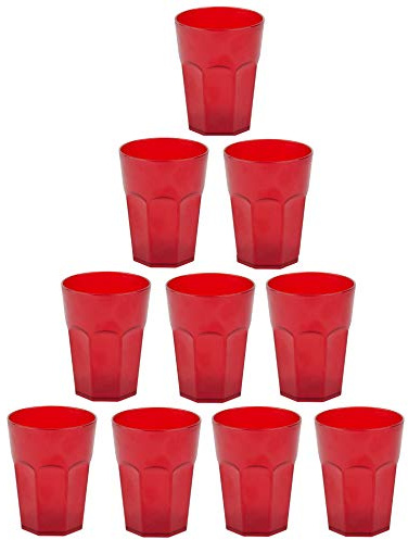 Engelland - 10 x Plastikbecher, Trinkbecher, Rot, Cocktailbecher, 250 ml, mit Eichstrich, stapelbar, Mehrweg, Kunststoff, Frostoptik, wiederverwendbar, Party-Becher, Trink-Glas