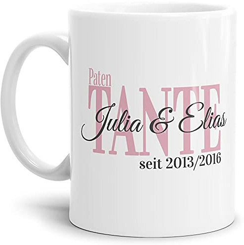 Tasse - Patentante seit - zum selbst Gestalten mit Kindernamen und Geburtsjahren - Geschenk für die beste Patentante - Keramiktasse, Weiß Glanz, 300 ml