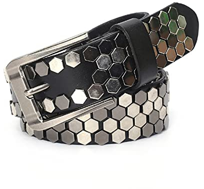 DFGGE Vollrind-Walkleder Nietengürtel Mit Verschiedenfarbigen Sechseckige Wabe Nieten, Gürtel Für Damen Und Herren, Kürzbar, Unisex Studded Belt,Schwarz,105cm/waist:34~36