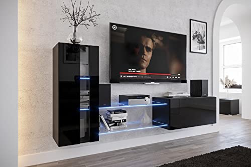 Ensemble Meuble TV Mural Suspendu Salon – Meuble Salon Design Moderne avec colonnes - Vitrines et rangements avec éclairage LED RVB - 16 Couleurs (Future 45N-HG-B1-1B)