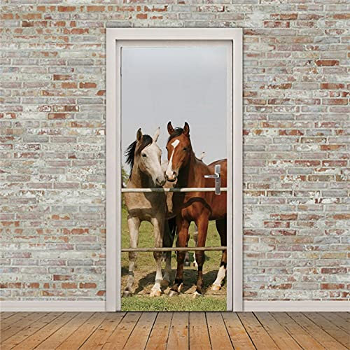 A.Monamour Türtapete Selbstklebend Türfolie Türposter 3D Zwei Pferde Hinter Dem Zaun Im Feld Vinyl Folie Türdeko Tapete Wandbild Türaufkleber Türtattoo 95 x 215 cm