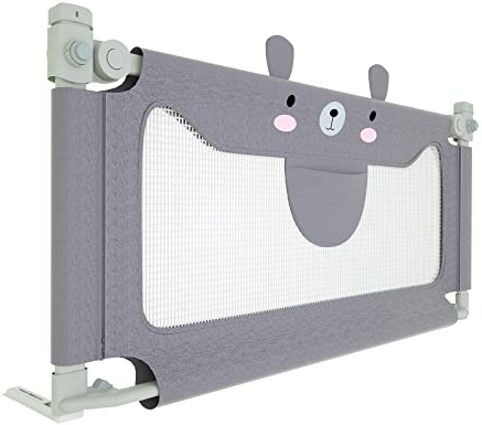 AufuN Kinder Bettgitter Rausfallschutz für Kinderbett Bettschutzgitter Tragbares Bettgitter zum vertikalen Heben Kinderbettgitter Babybettgitter für Familien und Reisen, Grau, Kleiner Bär, 150 cm