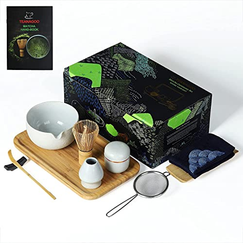 TEANAGOO Japanisches Tee-Set mit Tablett aus Bambus, Matcha-Schüssel mit Ausgießer, Bambus-Matcha-Schneebesen (Chasen), Schaufel (Chashaku), Schneebesenhalter, Teepulverdose. O3, Hellgrau