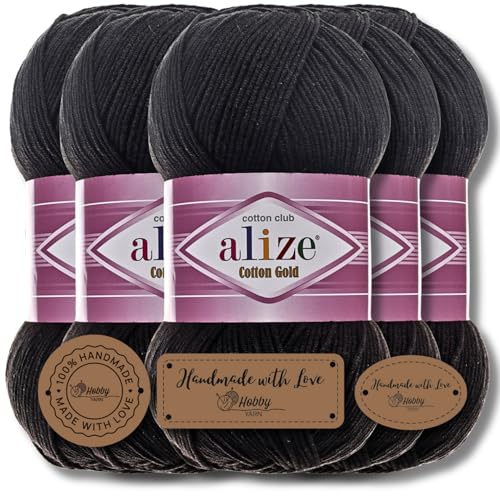 Hobby YARN 3x Etikettenlabel mit Alize Cotton Gold Wolle Premium 5x100g als Set, Yarn, Garn, Sommerwolle, Baumwolle, Strickgarn, Einfarbig, Baby, Kleidung, Schals (60)