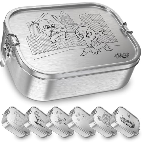 TAKWAY Edelstahl Brotdose mit Fächern 800ml – Auslaufsichere Lunchbox für Kinder & Erwachsene, Bento Box mit flexibler Unterteilung, für Kindergarten, Schule & unterwegs (Ninja, 3-Fächer)