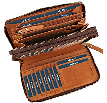 LEABAGS Leder Geldbörse Damen - Portemonnaie Gross mit RFID Schutz, Echtleder XXL Geldbeutel Damen Groß, 29 Kartenfächer Portmonee mit Münzfach, Doppelter Reißverschluss (Nature Hellbraun)