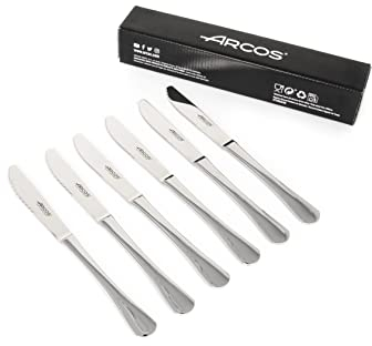 Arcos Serie Madrid - Juego 6 Cuchillos de Mesa en Caja de Regalo - Filo Microperlado - Monoblock de una Pieza en Acero Inoxidable - Tamaño Hoja 100 mm - Color Plata