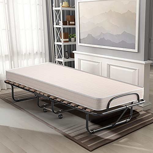 LIFEZEAL Klappbett, Klappbares Gästebett im Metallrahmen (190 x 80 x 39 cm) | Faltbares Einzelbett mit Matratze aus Memory Foam, Erwachsene Metallbett auf 4 Rädern, Beige