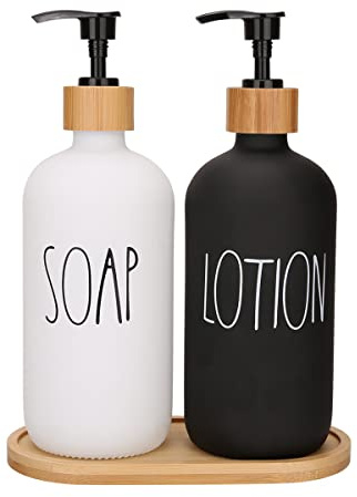 Juego de dispensador de jabón, Juego de dispensador de jabón de Manos y loción con Bandeja para baño, decoración de baño en Blanco y Negro, decoración Moderna de Granja, Soporte de jabón para Platos