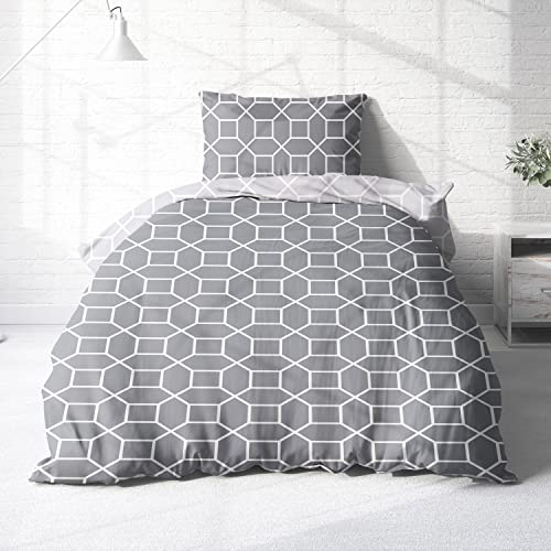 Träumschön Biber Bettwäsche Set 2tlg 155x220 cm + 80x80 cm – Flauschige Bettwäsche Silber – Weiche Winterbettwäsche im Hexagon Design - Atmungsaktiv, Warm & Hautfreundlich - 100% Baumwolle