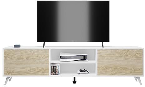 Homey Mueble de TV de Diseño Nórdico, 2 Compartimentos de Almacenamiento y 2 Puertas, Apto para Televisores de hasta 77 Pulgadas, Color Blanco-Roble