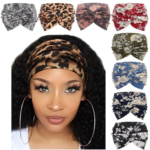 DRESHOW Bandeau Cheveux Femme Extra Large Boho Bandeaux Vintage Hair Bandeau Cross Noué Élastique Bande de Cheveux Accessoire 8 Pcs