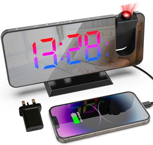 321Wasay Led Projection Alarm Clock, Digital Clock Projector Clocks Bedroom, Digital Alarm Clock Bedside, Electronic Smart Clock for Bedrooms (black with adapter)