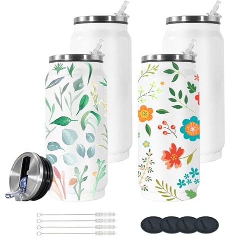 AGH Paquete de 4 vasos de sublimación en blanco, vasos de acero inoxidable de 12 onzas con tapa y popote, taza de doble pared con aislamiento al vacío para automóvil (blanco)
