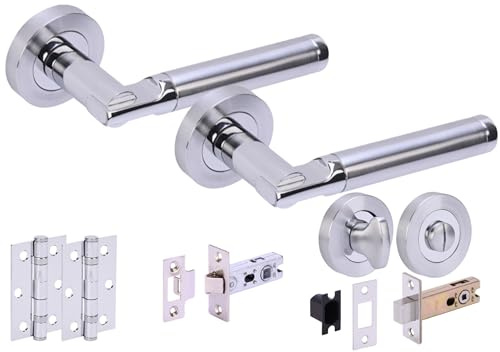 Hunta HANDLEZONE® Lacerta Premium Door Handles on Rose Bathroom Deadbolt Pack with 75mm Ball Bearing Hinges, 76mm Latch and Lock - Dual Polished/Satin Chrome