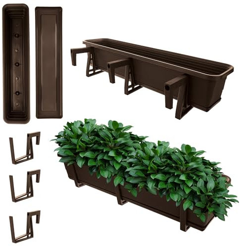 KADAX Fioriera con sottovaso in set, con o senza supporti per fioriera, vaso da balcone in plastica, vaso da giardino, fioriera per ringhiera, vaso (Moka, 80 cm + supporti)