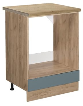 Vicco Herdumbauschrank R-Line, Blau-Grau, 60 cm | ✓ Backofennische · AP Eiche inkl. · Höhenverstellbare Füße · ✓ Frei kombinierbar · Einfache Integration ✓