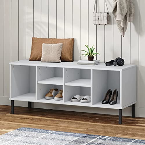 CINDERFUL Schuhregal mit Metallbeinen Weiß 106x35x45 cm Massivholz,Stilvoller Schuhschrank aus massivem Kiefernholz mit viel Stauraum