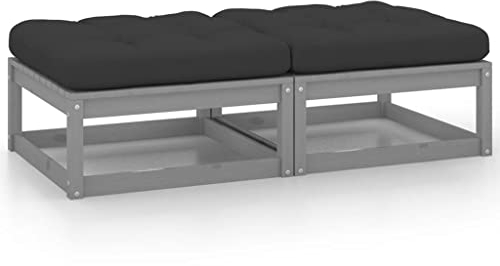 Generisch Fußbank Garten-Fußhocker mit Kissen 2 Stück Grau Gartenhocker aus massivem Kiefernholz Balkonmöbel-Hocker Outdoor-Fußhocker Holzhocker Sofa-Fußhocker Gartenmöbel bequem und langlebi