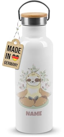 PR Print Royal Edelstahl-Trinkflasche für Kinder mit Name selbst gestalten - Faultier | Kindergeschenke, Personalisierte Thermosflasche, Weiß, 500 ml
