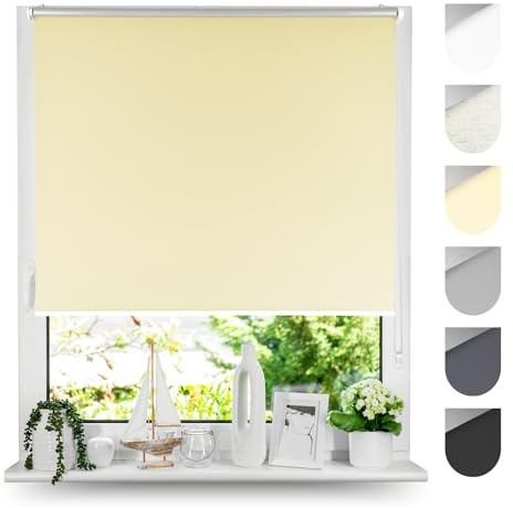 Tom'Shop Verdunkelungsrollo Klemmfix Ohne Bohren Creme 50cm x 130cm | Thermorollo Blackout Klemmrollo Fensterrollo Seitenzugrollo mit Klemmträger für Hitzeschutz Lichtschutz Sichtschutz