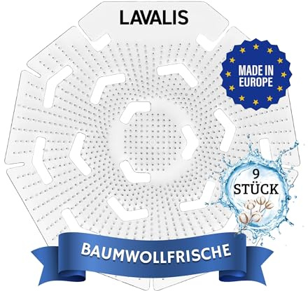 Lavalis Urinalsieb (9x) Spritzschutz für Männer-Pissoir, reduziert Spritzer & Geruch, starker Duft Baumwollfrische, Luft-erfrischer, 30 Tage haltbar, passend für alle Urinale, rund Weiß