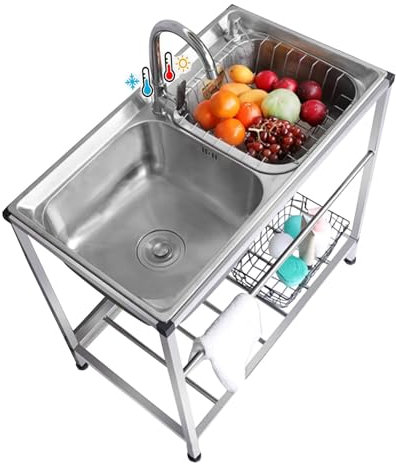 Évier de camping en acier inoxydable, Éviers de cuisine à double cuve, Évier utilitaire, Lavabo à main avec robinet d'eau chaude et froide pour buanderie de ferme