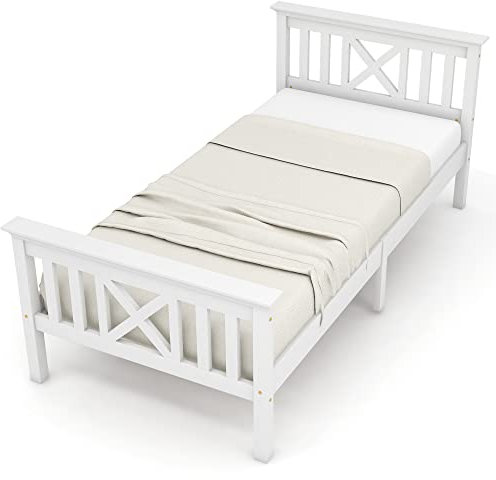 MQLAE 90x200 Bettgestell, Massiv Kiefer Einzelbett mit Lattenrost und Kopfteil, Stabiles Modern Landhausstil Kinderbett Jugendbett, bis 120 kg