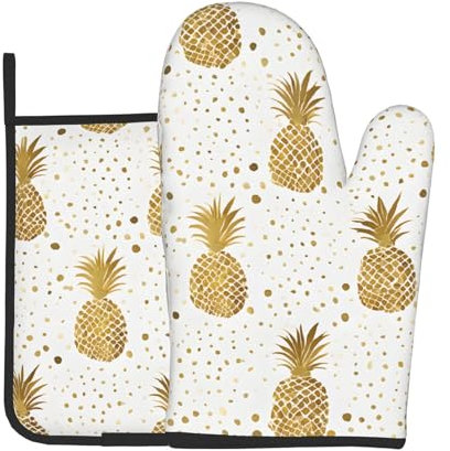 Guanti Da Forno E Presine Da Cucina Set, Gold Glitter Pineapples Fruit Guanti Da Cucina Professionale Kit Guanti Da Forno Morbida Presine Da Cucina Per Cucina Grill Cucinare
