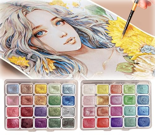 FONDUO Aquarellfarben Set, Wasserfarben mit 20 Farben, Perlglanz Aquarell Malkasten, Wasserfarbkasten für Künstlerbedarf, Malset Bastelset für Künstler, Hobbymaler und Malerei-Liebhaber (A+B)