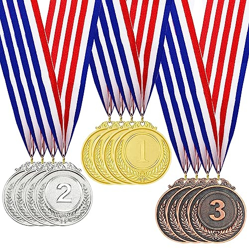 Jortmrd 12 Stück Medaillen Set Gold Silber Bronze Goldmedaillen Kinder Metall 1 2 3 Platz Medaillensatz Medaillen Metall mit Band Schnee für Fussball Kinder Sport Wettbewerbe Party