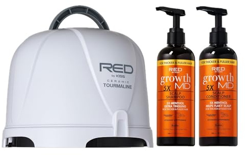 Red by Kiss 3000 Ceramic Tourmaline Professional Hood Dryer with Growth MD Scalp Shampoo & Conditioner Set – 4 Heat Settings, Extra Coverage Dryer + Biotin & Menthol Infused Scalp Care Duo (10oz Each)