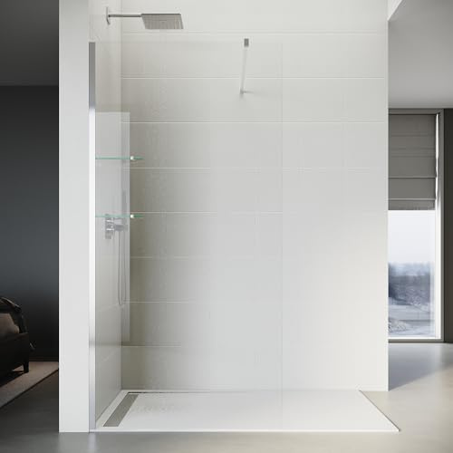 SONNI Walk-In Duschwand 70x200 cm mit Glasablage, Rahmenloses, Silber | 8 mm ESG mit Glasablage und stabilem Stabilisator für praktische Aufbewahrung, flexible Montage und komfortable Nutzung.