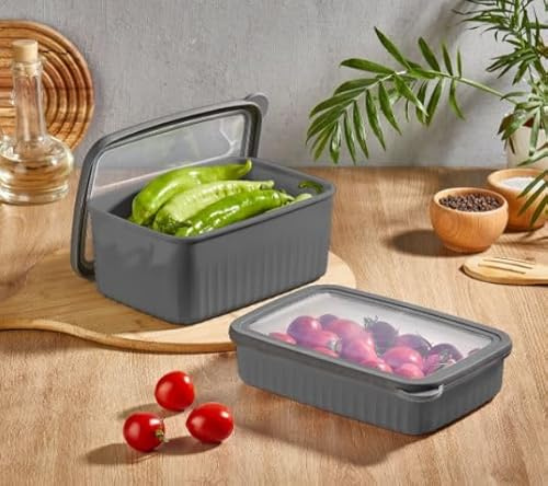 Vip Ahmet Frischhaltedosen Set 3-teilig – 1 x 2,7 L & 2 x 1,5 L, Geriffelt Grau, Transparenter Deckel, BPA-frei, Spülmaschinenfest, Kühlschrank & Gefriergeeignet, VP-811