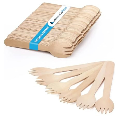 Nationwide Paper Disposable Wooden Cutlery Set of Forks, Knives, Spoons and Sporks (200, Sporks)