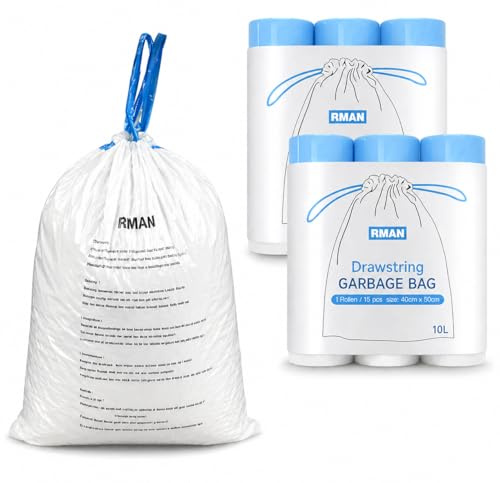RMAN® Bolsas Basura con Autocierre 10-20L, 40 * 50cm | 90 Bolsas, Extra Fuertes Resistentes, Antigoteo, Con Asas de Cierre, Para Hogar, Cocina, Oficina, 6 Rollos