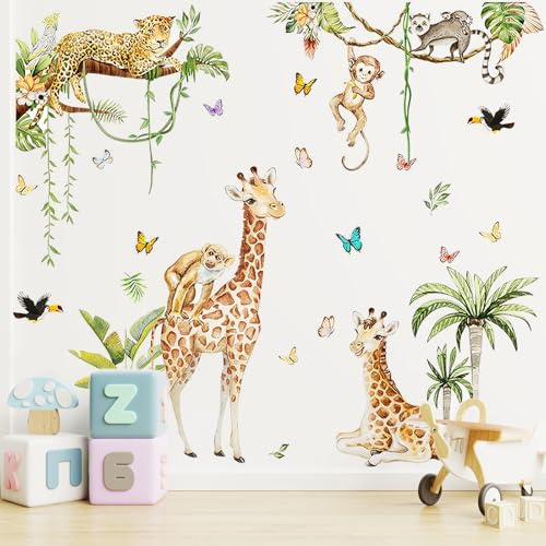 Feirdhoo Wandtattoo, XXL Dschungel Tiere Wandsticker Giraffe Affen Leopard Vogel Tropische Blätter, Wandaufkleber für Kinderzimmer, Babyzimmer, Junge Schlafzimmer, Wanddeko