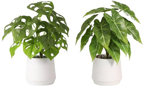 LUWENER 2 Pack Artificial Monstera Plant in White Pot 14 Potted | Fake Plant with Stones Decor, Living Room, Office, Home Decoration, Monstera & Sea Taro Leaves
