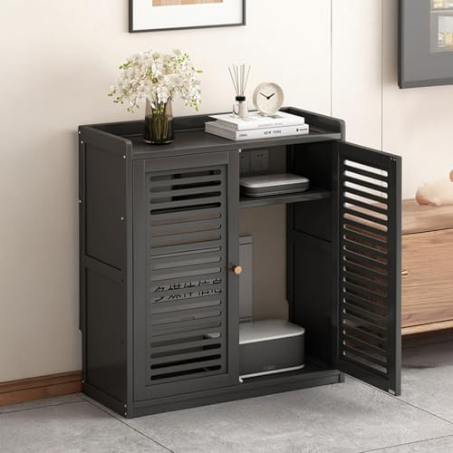 CTREVL WLAN-Router Aufbewahrungsschrank, Bodenstehende Router Schrank mit Verstellbarem Regal, Steckdosen- und Kabelmanagement-Organizer für Zuhause Büro Wohnzimmer(Schwarz,59x25x67cm)