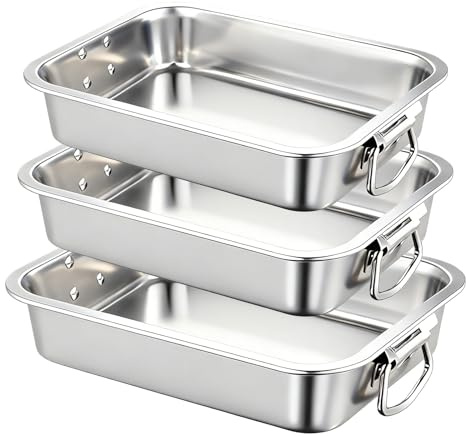 Set med 3 rektangulära ugnsformar i rostfritt stål med handtag, honungskakemönster, ugnsplatta, perfekt för lasagne, diskmaskinssäker
