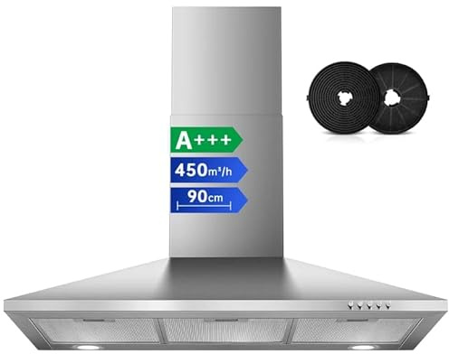SNDOAS Chimney Cooker Hood 90cm, 450m³/h Extractor Fan for Kitchen with Carbon Filters, A+++, 3-Speed with LED Lights, Recirculating & Ducting Modes Wall Mounted Range Hood, Silver