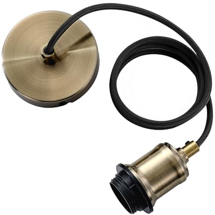 Industrial Antique Brass Pendant Light Fitting, Metal E27 Srew Lamp Holder with Lock Ring for Shade, Metal Ceiling Rose with 100cm Adjustable Black Braided Flex Cable Ceiling Light Fixture KIT801AB