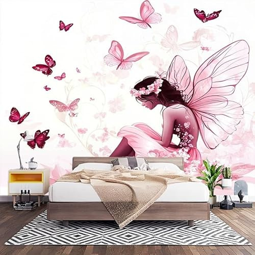 Fototapete Kinderzimmer Cartoon MäDchen Schmetterling Wandtapete Wohnzimmer 3D Effekt Schlafzimmer Rosa Vliestapete Moderne TV Hintergrund Wanddeko Flur Wandtapete Motivtapeten B200 x H140 cm