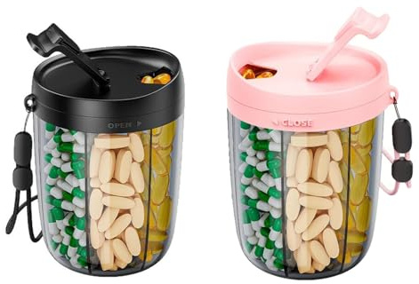 Tablettenbox - 2 Stück Rund Pillendose 6 Fächer mit Großen Separaten Fächern, Morgens Mittags Abends Anti-Verwechslungs-Design Medikamentenbox, Tragbare Medikamentenbox (Schwarz & Rosa)