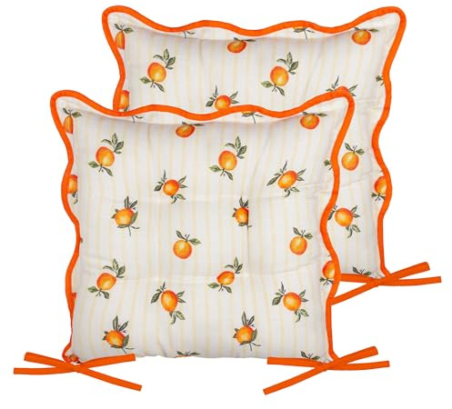 furn. Fruits Oranges Seat Pads – Pack of 2 – Striped Water Repellent Kitchen Dining & Patio Chair Cushions with Ties (Yellow - 40x40cm)