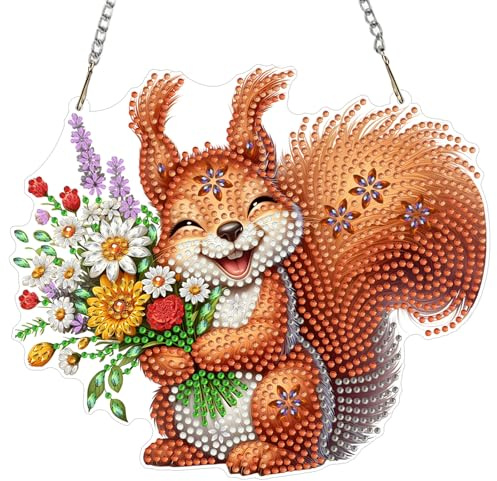 MXJSUA Flowers Squirrel Diamond Painting Art Window Suncatchers, Diamond Art Kits for Adults Hanging Ornaments with Chain, Special Shape Crystal Diamond Pendant Accessories for Decor Gift 20x20cm