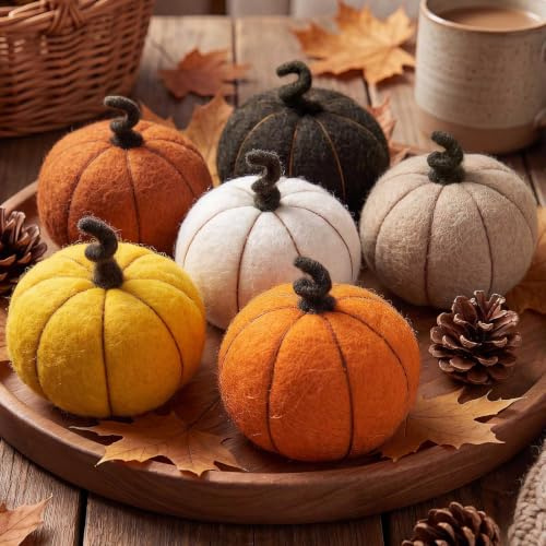 Benjia 6PCS Fall Felt Pumpkins, Handmade Mini Wool Felted Autumn Pumpkin for Thanksgiving Table Decor, Vintage Farmhouse Mantel Centerpiece & Rustic Halloween Crafts (Multicolor)